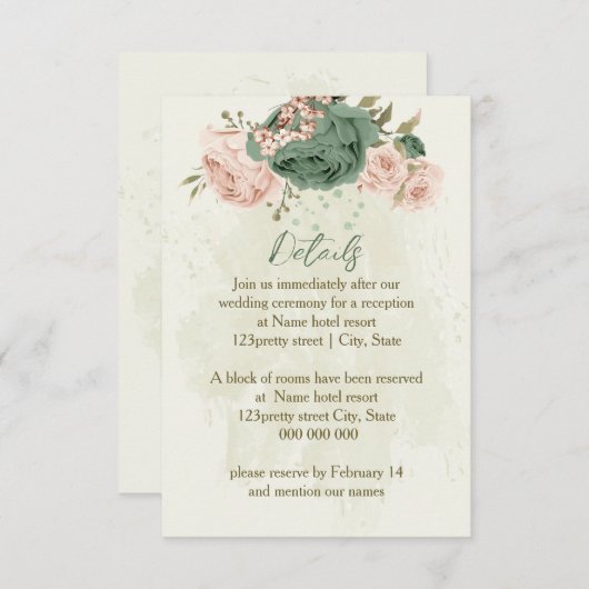 Sage Green Blush Flowers Wedding Details Informatiekaartje (Voorkant / Achterkant)