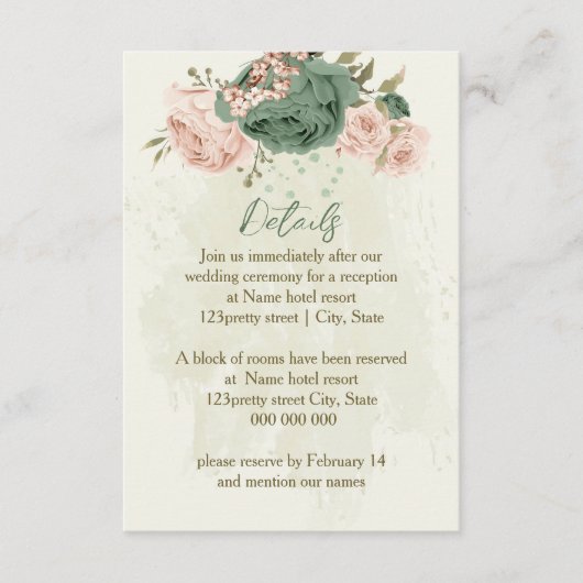 Sage Green Blush Flowers Wedding Details Informatiekaartje (Voorkant)
