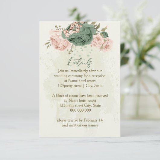 Sage Green Blush Flowers Wedding Details Informatiekaartje (Staand voorkant)