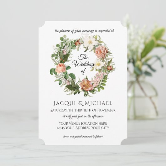 Sage Green Blush Ivory Rozen w Fern Wreath Wedding Kaart (Staand voorkant)