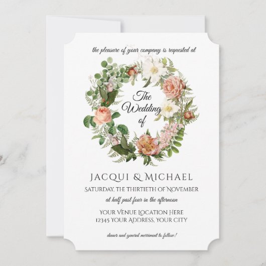 Sage Green Blush Ivory Rozen w Fern Wreath Wedding Kaart (Voorkant)