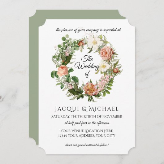 Sage Green Blush Ivory Rozen w Fern Wreath Wedding Kaart (Voorkant / Achterkant)