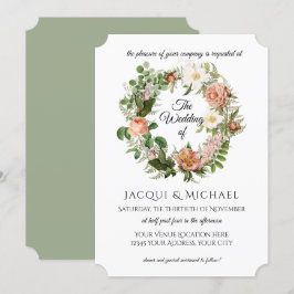Sage Green Blush Ivory Rozen w Fern Wreath Wedding Kaart