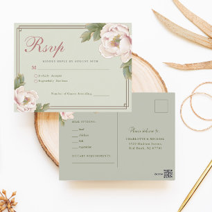Sage Green & Blush Peony Floral Wedding RSVP Briefkaart