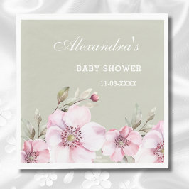 Sage Green Blush Pink Floral Rozen Baby shower Servet