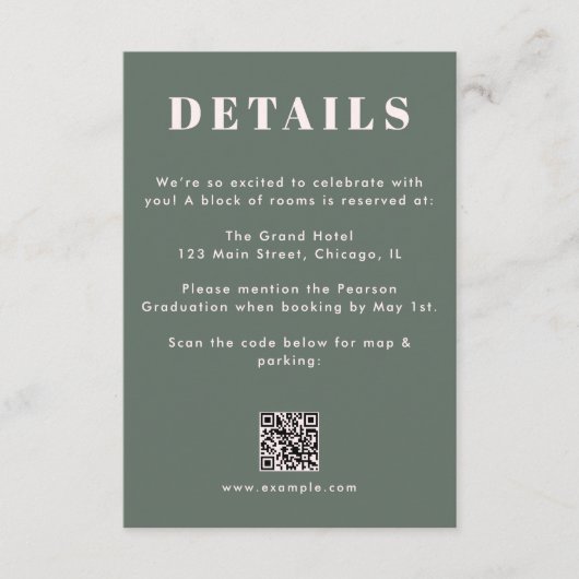 Sage Green Blush Pink Graduation QR Code Details Informatiekaartje (Voorkant)