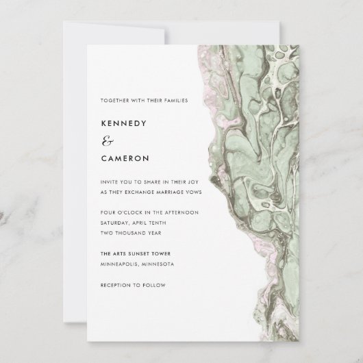 Sage Green & Blush Pink Minimalist Marble Wedding Kaart (Voorkant)