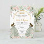 Sage Green Blush Roze Bloemen Tweeling Quinceañera Kaart (Staand voorkant)