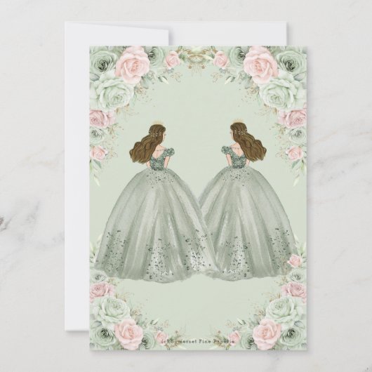 Sage Green Blush Roze Bloemen Tweeling Quinceañera Kaart (Achterkant)