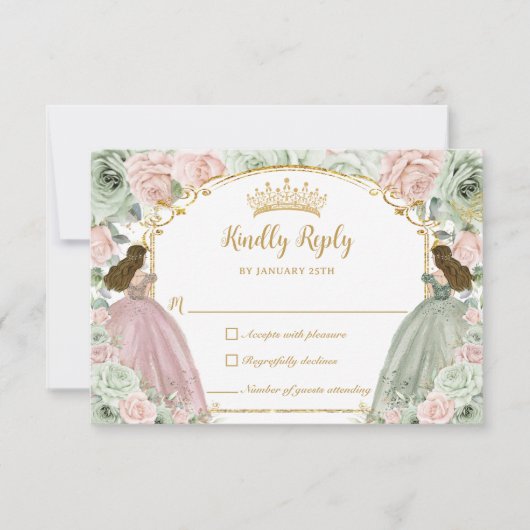 Sage Green Blush Roze Bloemen Twins XV Quinceañera RSVP Kaartje (Voorkant)