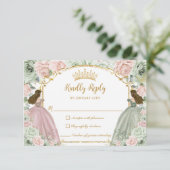 Sage Green Blush Roze Bloemen Twins XV Quinceañera RSVP Kaartje (Staand voorkant)