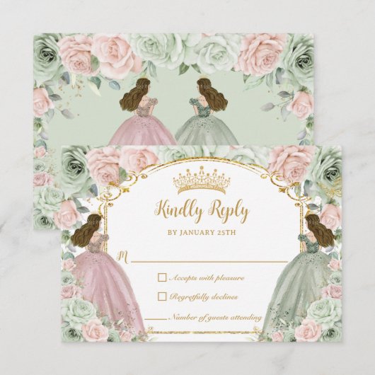 Sage Green Blush Roze Bloemen Twins XV Quinceañera RSVP Kaartje (Voorkant / Achterkant)