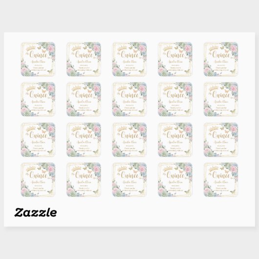 Sage Green Blush Roze Bloemen Vlinder Quinceanera Vierkante Sticker (Vel)