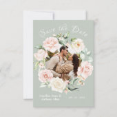 Sage Green Blush Waterverf Foto Floral Wedding Save The Date (Voorkant)