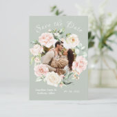 Sage Green Blush Waterverf Foto Floral Wedding Save The Date (Staand voorkant)