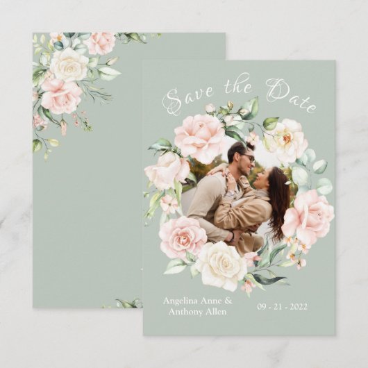 Sage Green Blush Waterverf Foto Floral Wedding Save The Date (Voorkant / Achterkant)