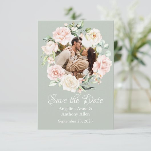 Sage Green Blush Waterverf Foto Floral Wedding Save The Date (Staand voorkant)