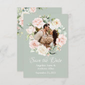 Sage Green Blush Waterverf Foto Floral Wedding Save The Date (Voorkant / Achterkant)