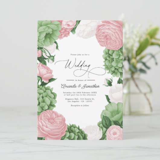 Sage Green, Blush & White Floral Wedding Kaart (Staand voorkant)