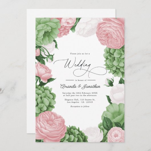 Sage Green, Blush & White Floral Wedding Kaart (Voorkant / Achterkant)