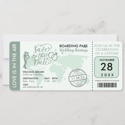 Sage Green Boarding Pass Destination Wedination Save The Date (Voorkant)