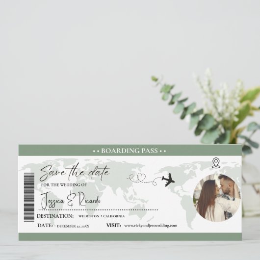 Sage Green Boarding Pass Ticket Bruiloft Save The Date (Staand voorkant)