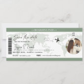 Sage Green Boarding Pass Ticket Bruiloft Save The Date (Voorkant)