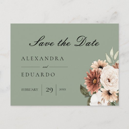 Sage Green Bohemian Floral Save the Date Aankondigingskaart (Voorkant)