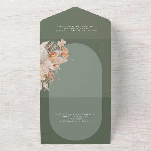 Sage Green Bohemian pampawigras All In One Uitnodiging (Buitenkant)