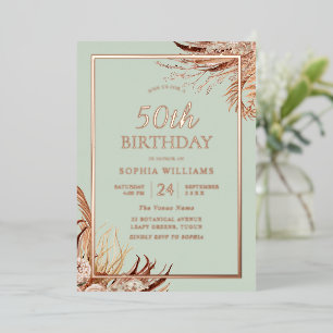 Sage Green Boho 50th Birthday Party Real Roos Gold Folie Uitnodiging