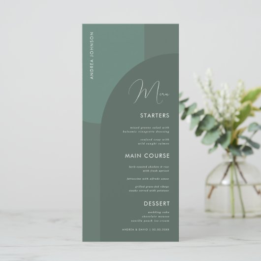 Sage Green Boho Arch Guest Name Wedding Dinner Man Menu (Staand voorkant)