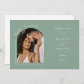 Sage Green Boho Arch Photo QR Code Save the Date Kaart (Voorkant / Achterkant)