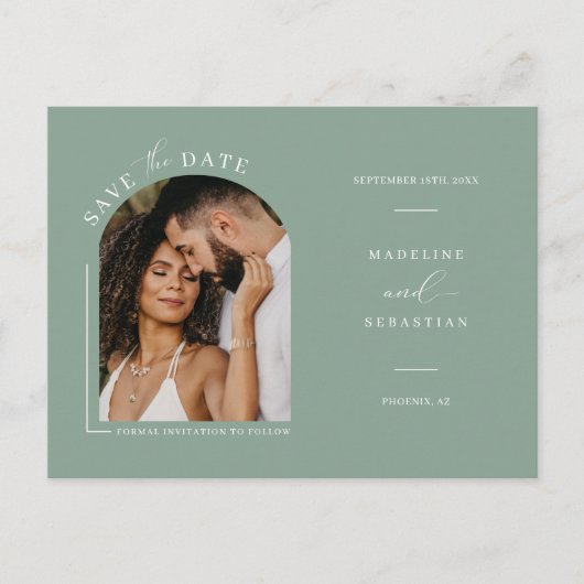 Sage Green Boho Arch Photo QR Code Save the Date P Briefkaart (Voorkant)