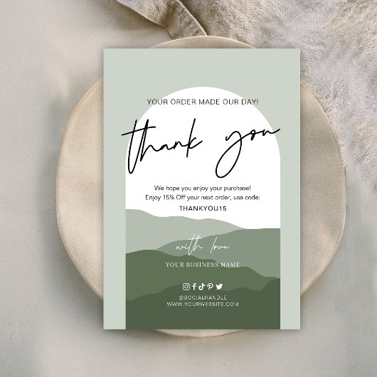 Sage Green Boho Arch Simple Logo Business Bedankkaart