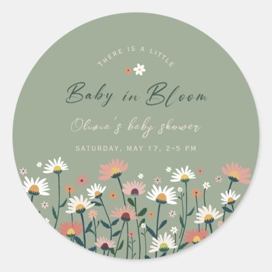 Sage Green Boho Bloemen Baby in Bloom Shower Ronde Sticker (Voorkant)