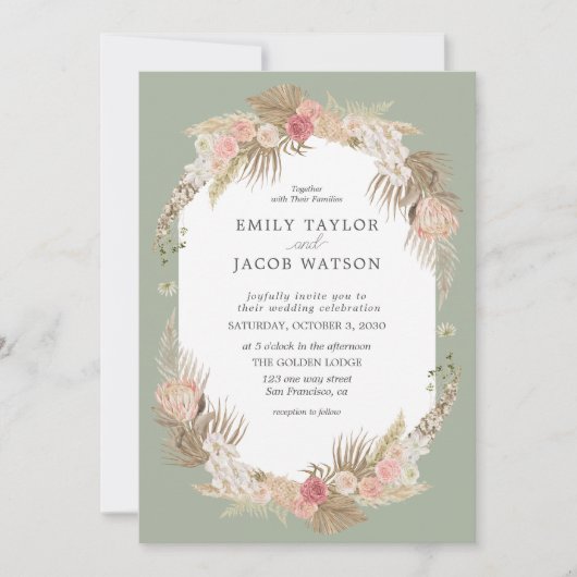 Sage Green Boho Bloemen Bruiloft uitnodiging (Voorkant)