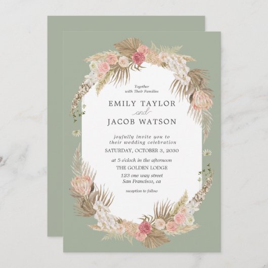 Sage Green Boho Bloemen Bruiloft uitnodiging (Voorkant / Achterkant)