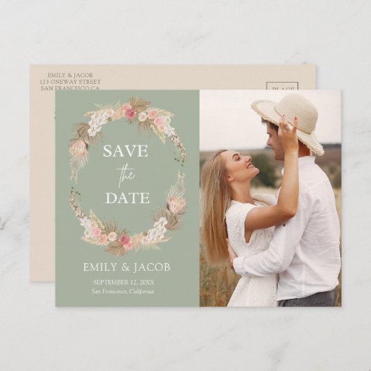 Sage Green Boho bloemenkrans Save the date Briefkaart (Voorkant / Achterkant)
