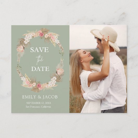 Sage Green Boho bloemenkrans Save the date Briefkaart (Voorkant)
