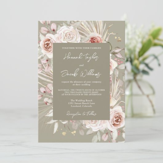 Sage Green Boho Chic Rustic Floral Wedding Kaart (Staand voorkant)