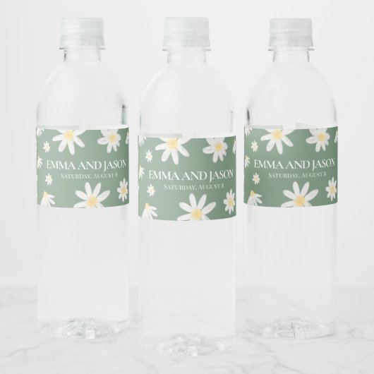Sage Green Boho Daisy Floral Water Fles Label Waterfles Etiket (Flessen)