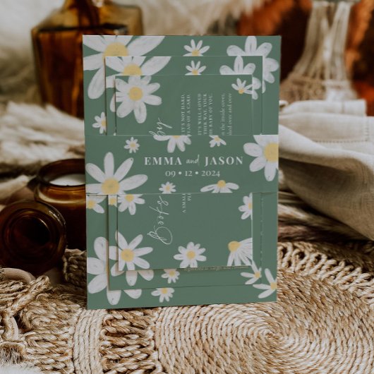Sage Green Boho Daisy Flower Invitation Belly Band Uitnodigingen Wikkel