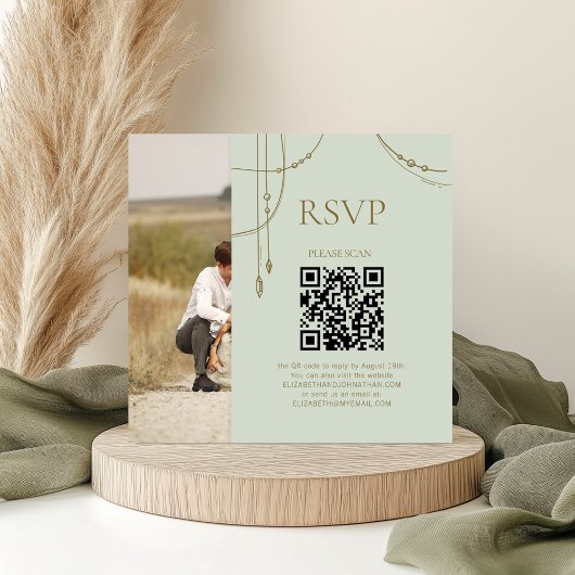 Sage Green Boho Draped Beaded Wedding QR Code RSVP Informatiekaartje