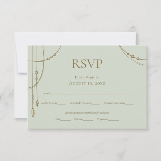 Sage Green Boho Draped Beaded Wedding RSVP Kaartje (Voorkant)
