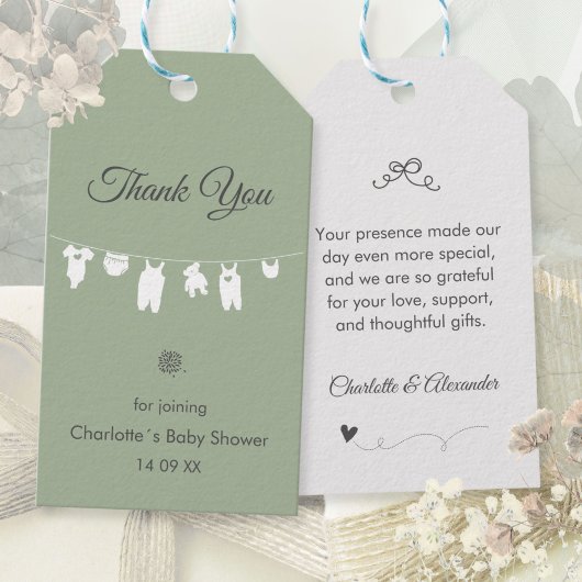 Sage Green Boho Elegant Bedankt Baby shower Cadeaulabel
