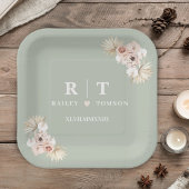 Sage Green Boho Floral Elegant Wedding Monogram Papieren Bordje