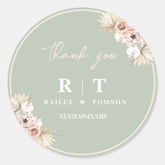 Sage Green Boho Floral Elegant Wedding Monogram Ronde Sticker (Voorkant)