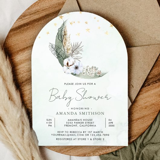 Sage Green Boho Floral Moon Arch Baby shower Kaart
