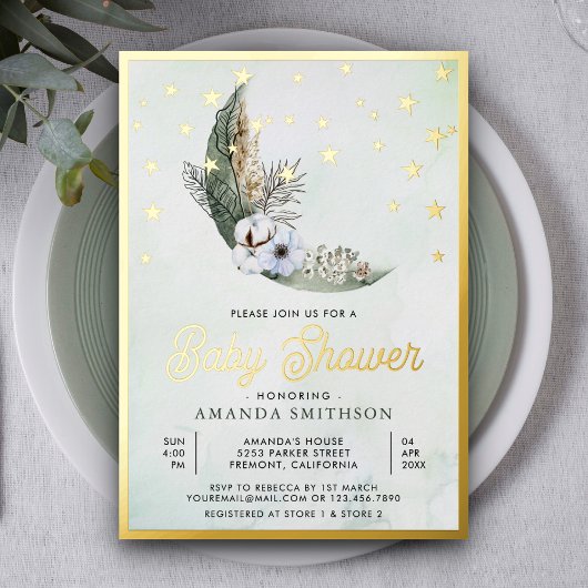 Sage Green Boho Floral Moon Stars Baby shower Gold Folie Uitnodiging