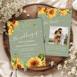 Sage green boho floral sunflower wedding kaart